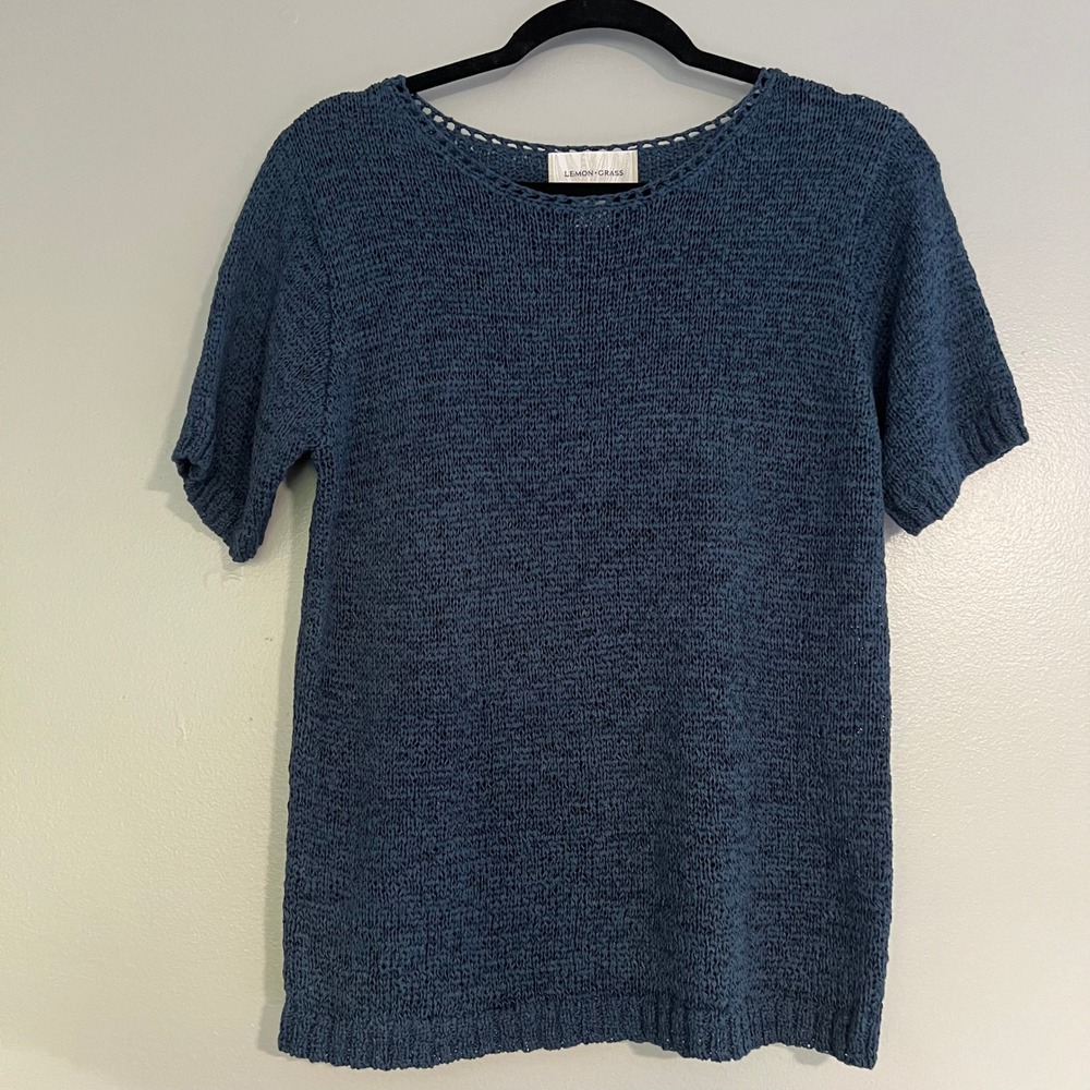 Lemon Grass Blue Short Sleeve Knit Sweater Top Scoop Neck Cotton Blend Small